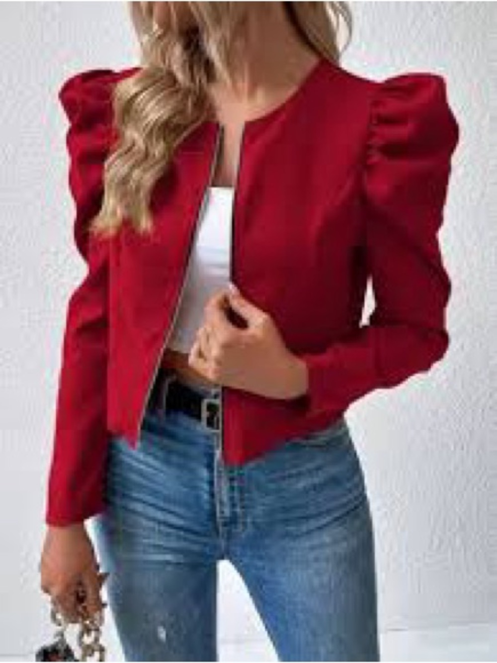 SHEIN Red Puff Sleeve Cropped Blazer